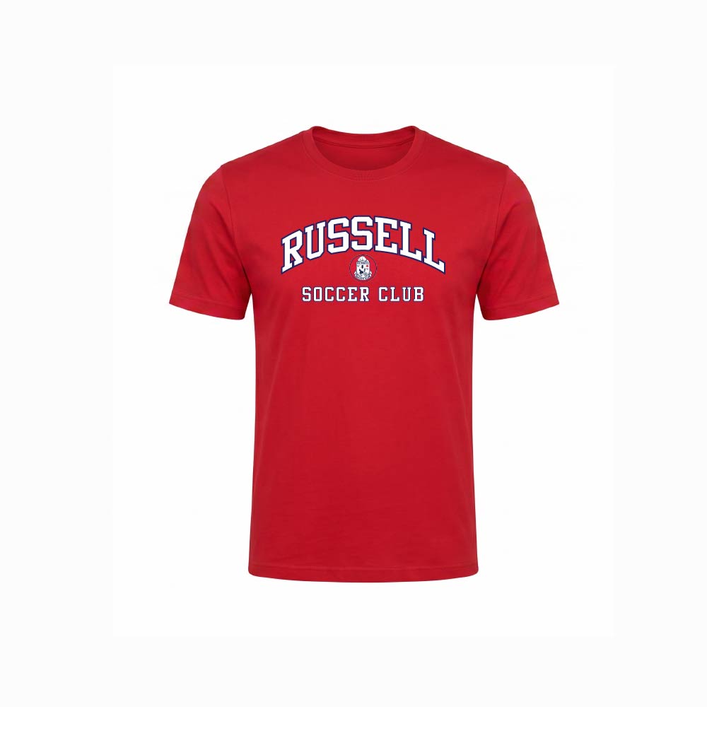 A red short-sleeve crewneck t-shirt with 'RUSSELL SOCCER CLUB' printed in white varsity-style lettering on the chest, shown against a plain white background.