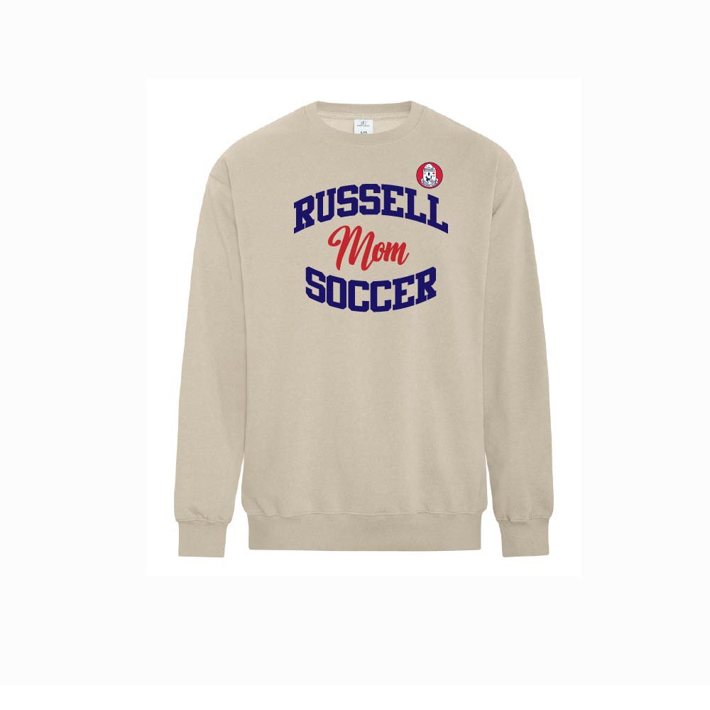 Sand Crewneck sweatshirt with Russell Soccer Mom logo on front