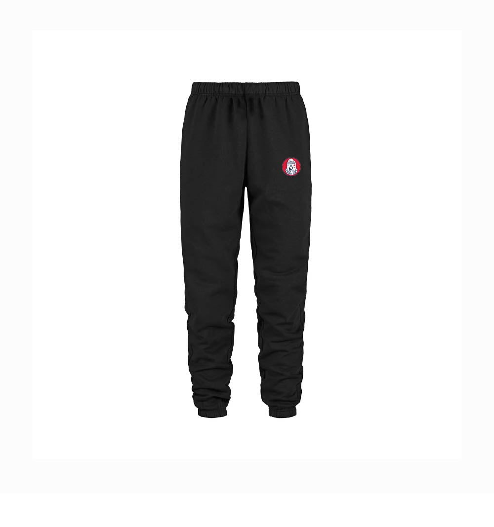 Black sweatpants with an elastic waistband and ankle cuffs, featuring Russell Soccer logo on the left thigh.