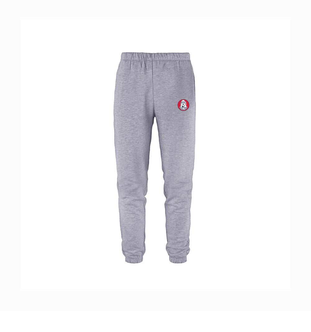 Light gray heather sweatpants with an elastic waistband and ankle cuffs, featuring Russell Soccer logo on the left thigh.