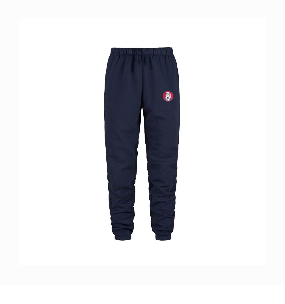Navy sweatpants with an elastic waistband and ankle cuffs, featuring Russell Soccer logo on the left thigh.