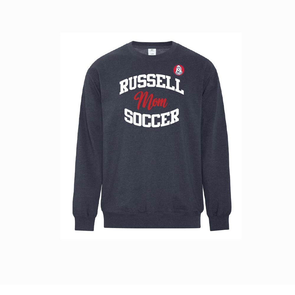 Heather Navy Crewneck sweatshirt with Russell Soccer Mom logo on front