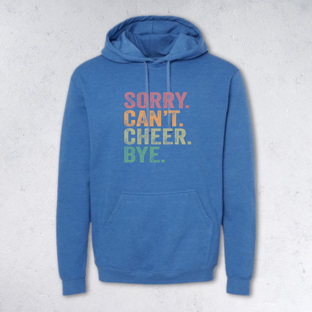 Blue hoodie with colorful text on a light gray background