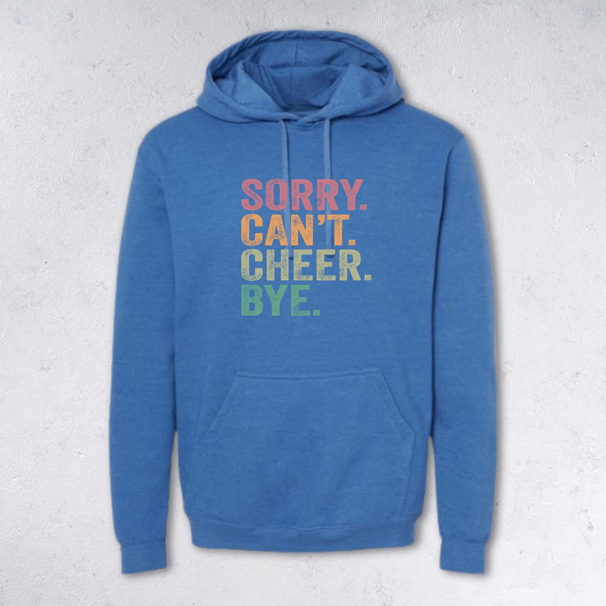 Blue hoodie with colorful text on a light gray background