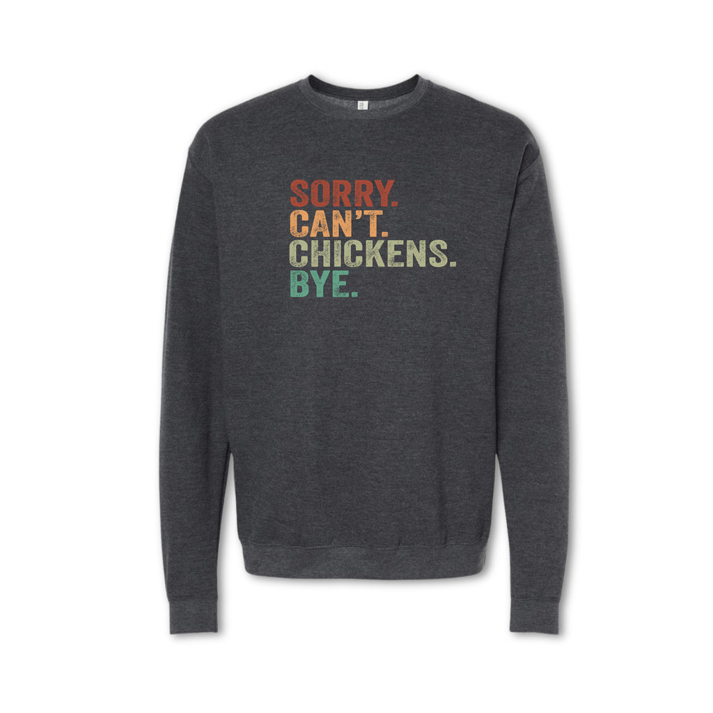 Dark gray sweatshirt with colorful text on a white background