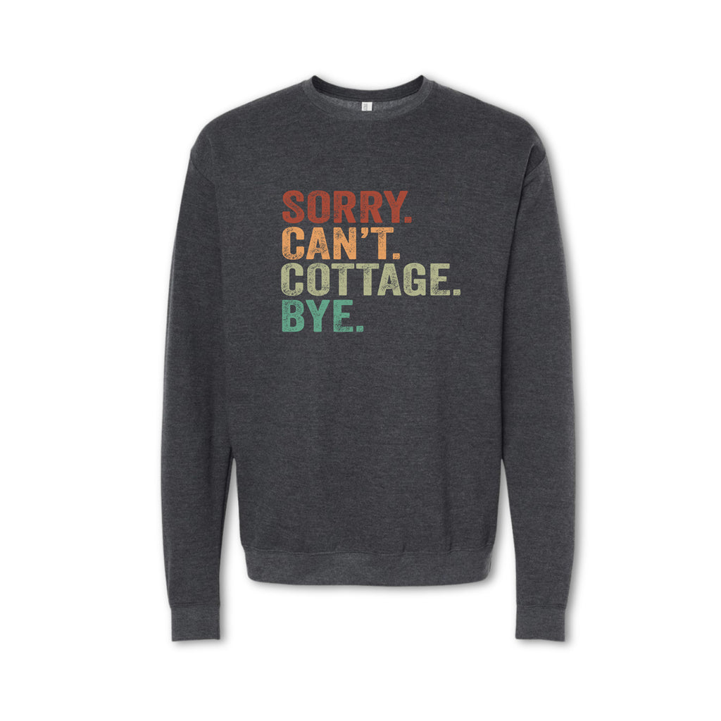Dark gray sweatshirt with colorful text on a white background