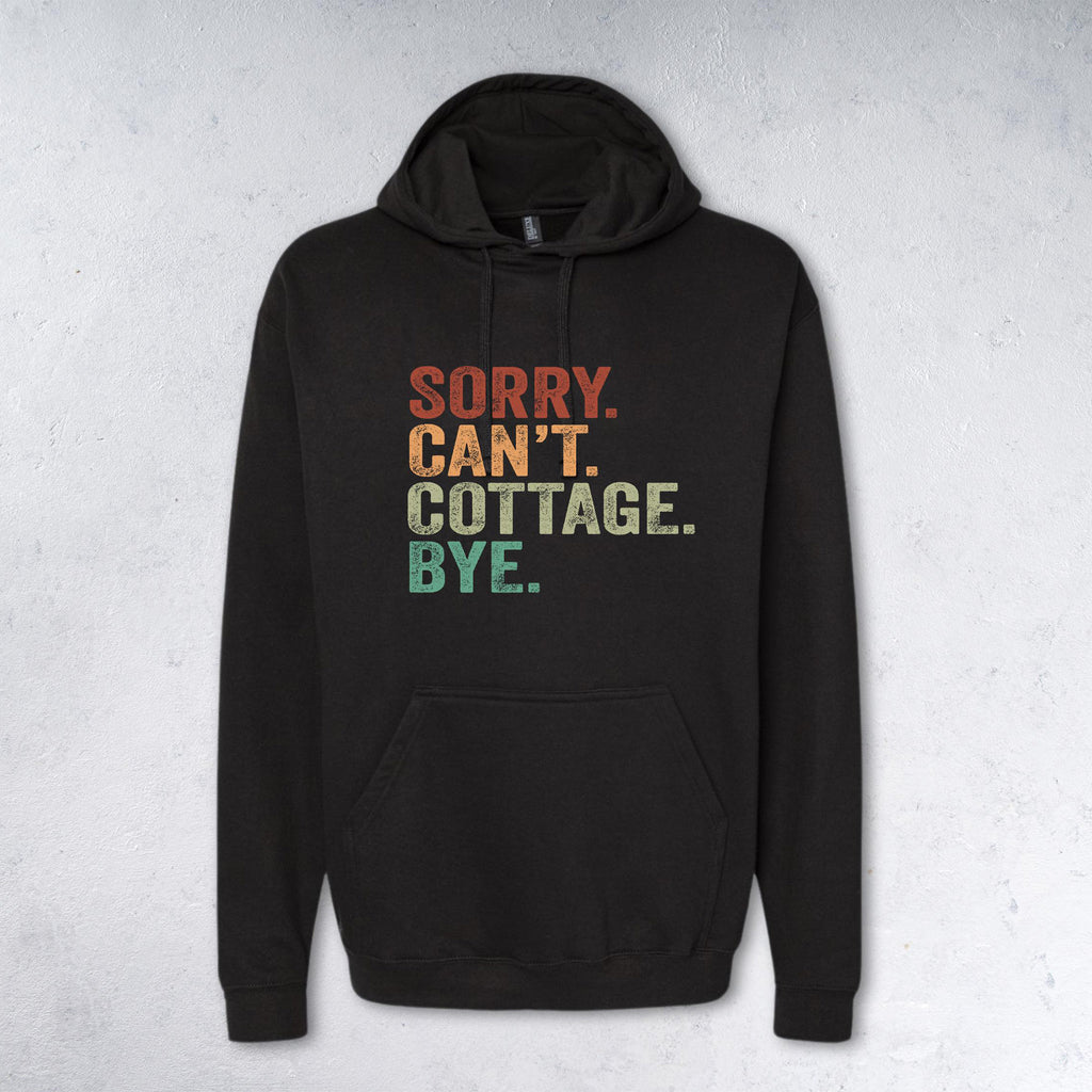 Black hoodie with colorful text on a light gray background