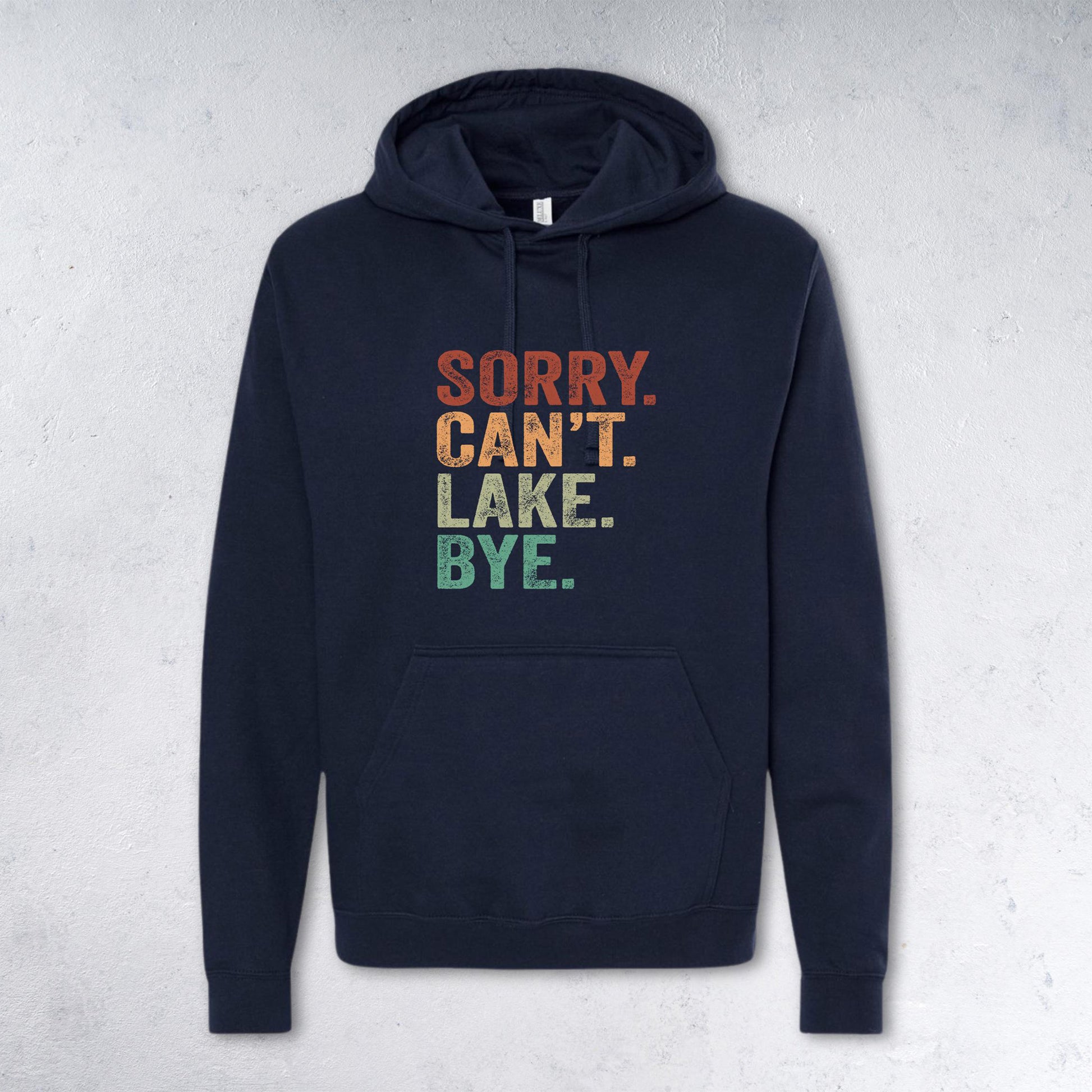 Navy blue hoodie with colorful text on a light gray background