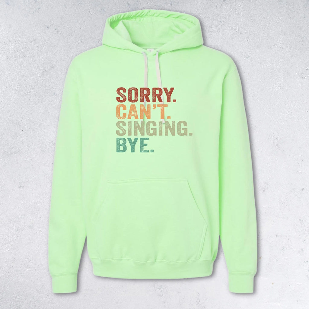 Neon green hoodie with colorful text on a light gray background