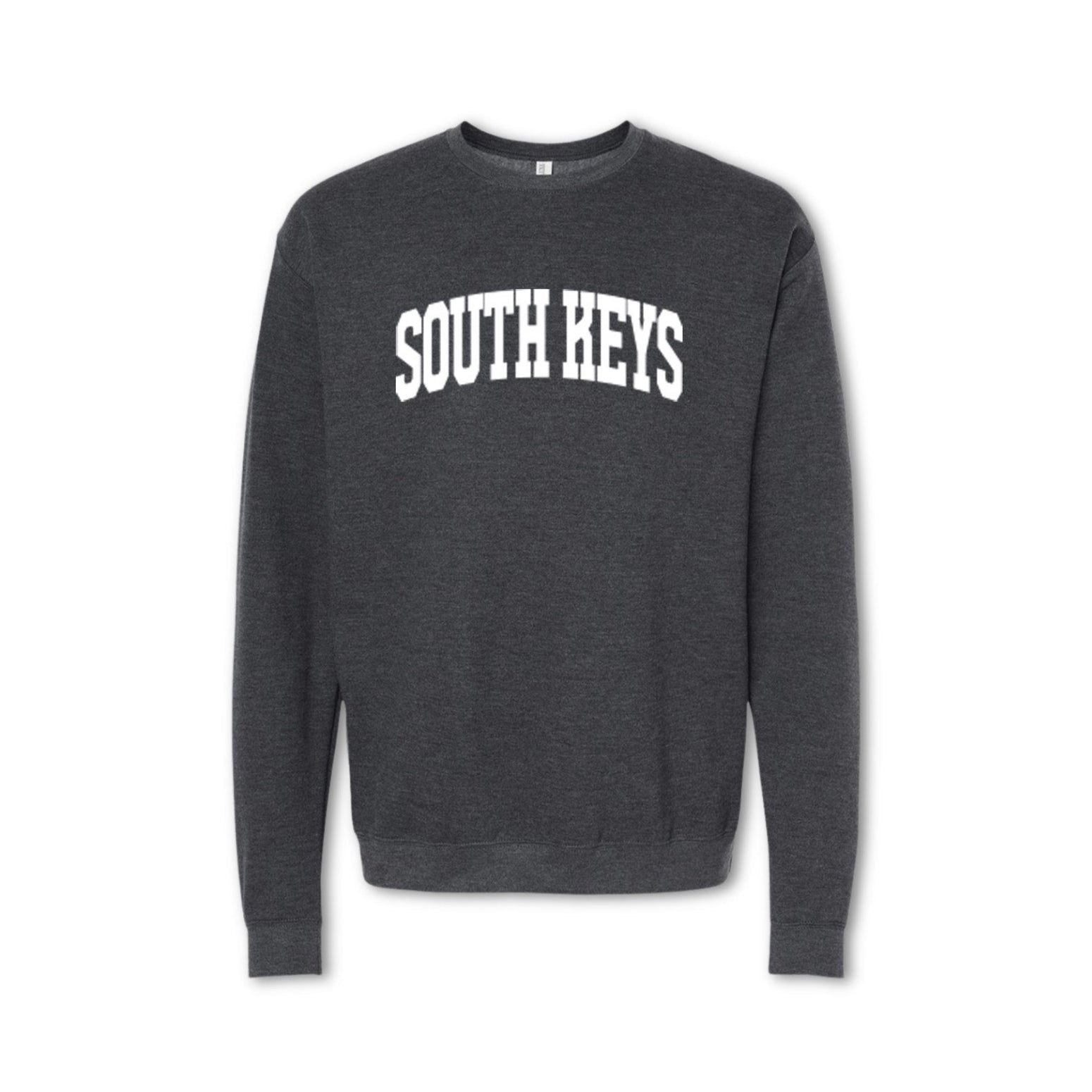 A gray crewneck sweatshirt with 'SOUTH KEYS' printed in bold letters across the chest.