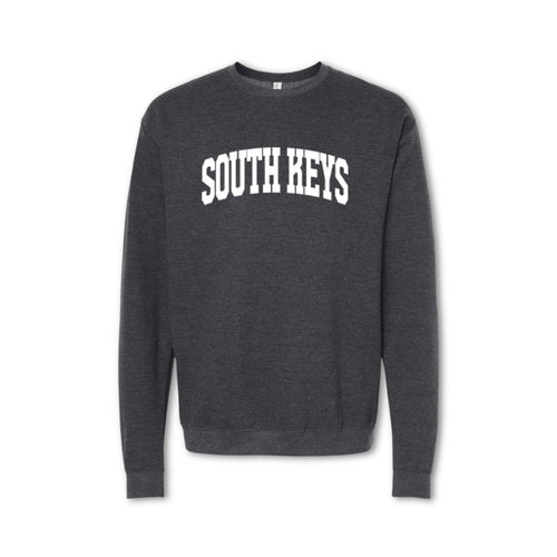 A gray crewneck sweatshirt with 'SOUTH KEYS' printed in bold letters across the chest.