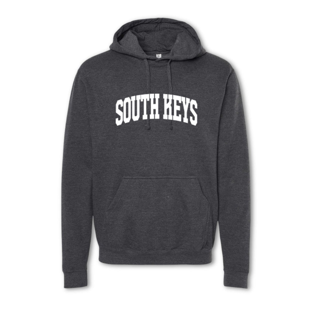 A gray hoodie sweatshirt with 'SOUTH KEYS' printed in bold letters across the chest.