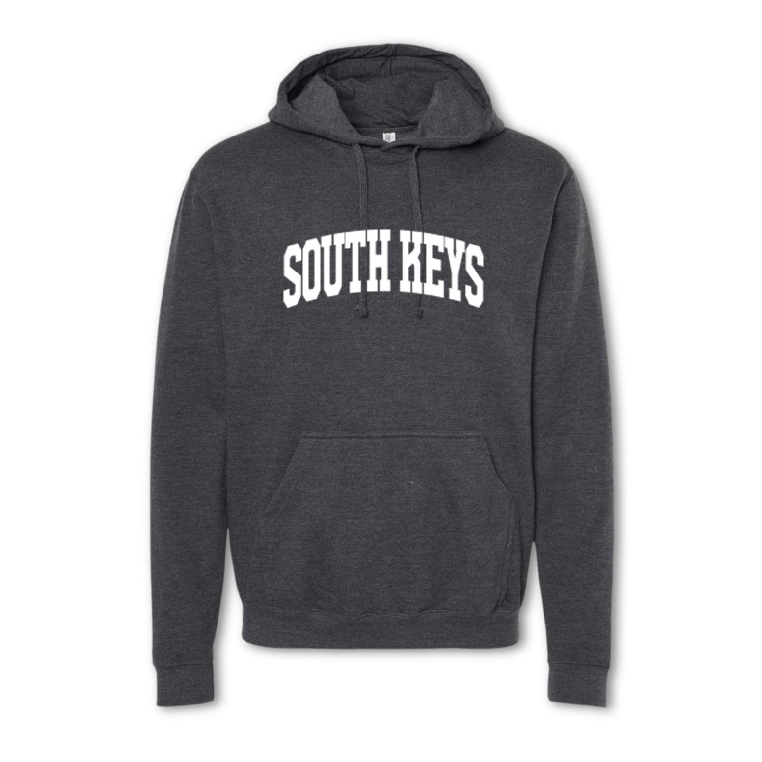 A gray hoodie sweatshirt with 'SOUTH KEYS' printed in bold letters across the chest.