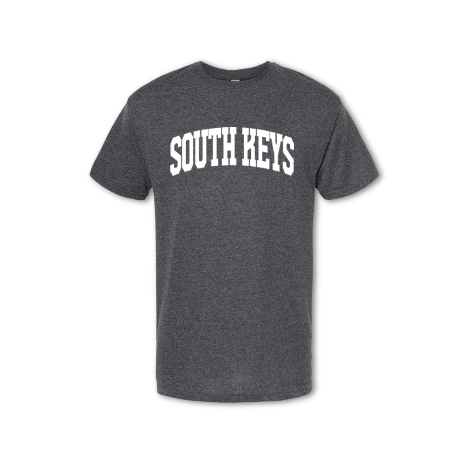 A grey t-shirt with the text 'SOUTH KEYS' printed in white on the chest.