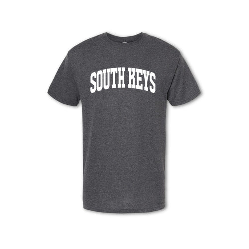 A grey t-shirt with the text 'SOUTH KEYS' printed in white on the chest.