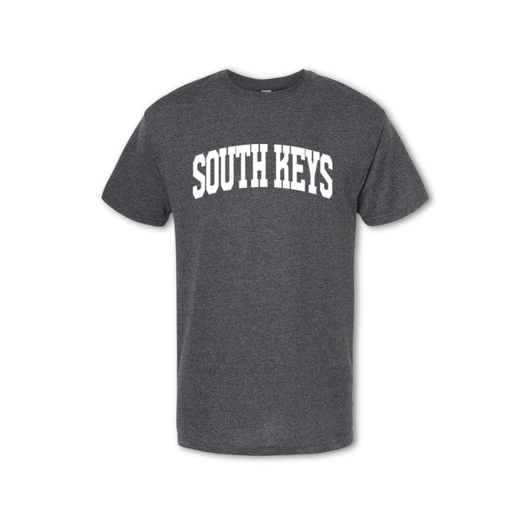 A grey t-shirt with the text 'SOUTH KEYS' printed in white on the chest.