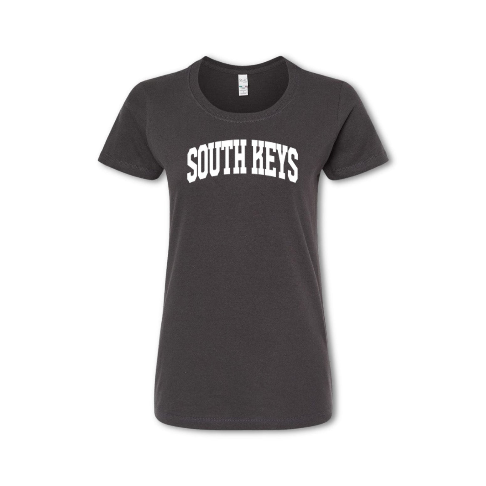 A gray t-shirt with the text 'SOUTH KEYS' printed in white on the chest.