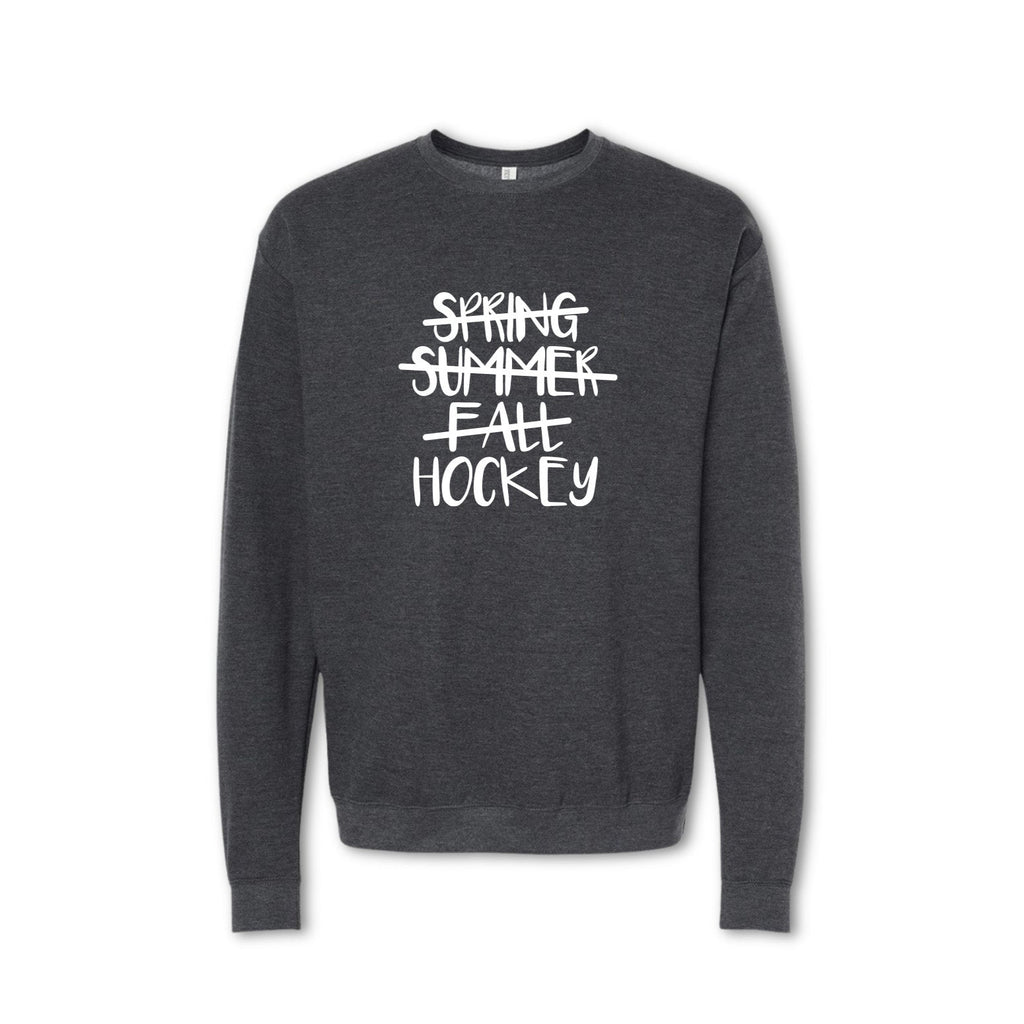 Dark gray sweatshirt with 'Spring Summer Fall Hockey' text on a white background