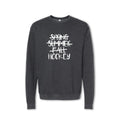 Dark gray sweatshirt with 'Spring Summer Fall Hockey' text on a white background