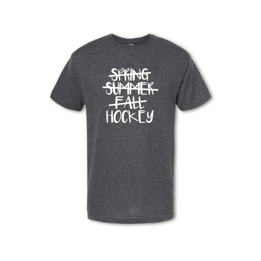 Gray t-shirt with 'Spring Summer Fall Hockey' text on a white background