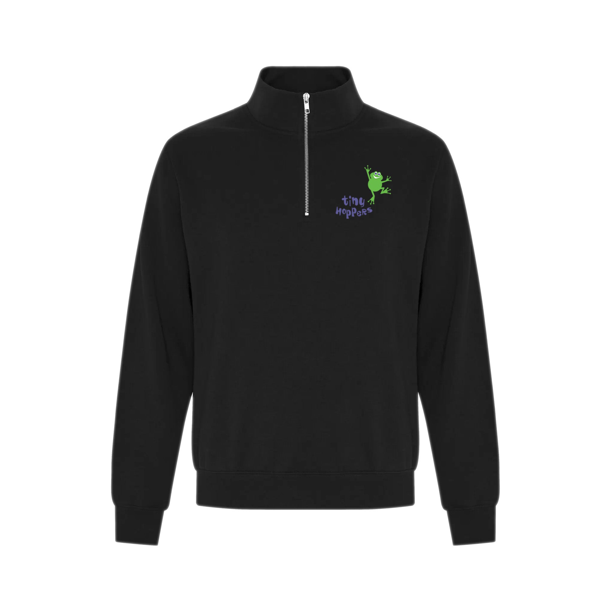 Black 1/4 zip sweatshirt with an embroidered logo on the front showing a small hopper and the text 'Night'.
