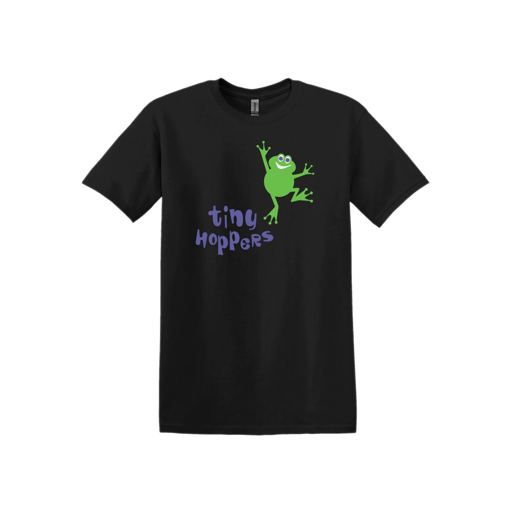 A black cotton t-shirt with a graphic of a green frog and the text 'tiny hoppers' in purple.