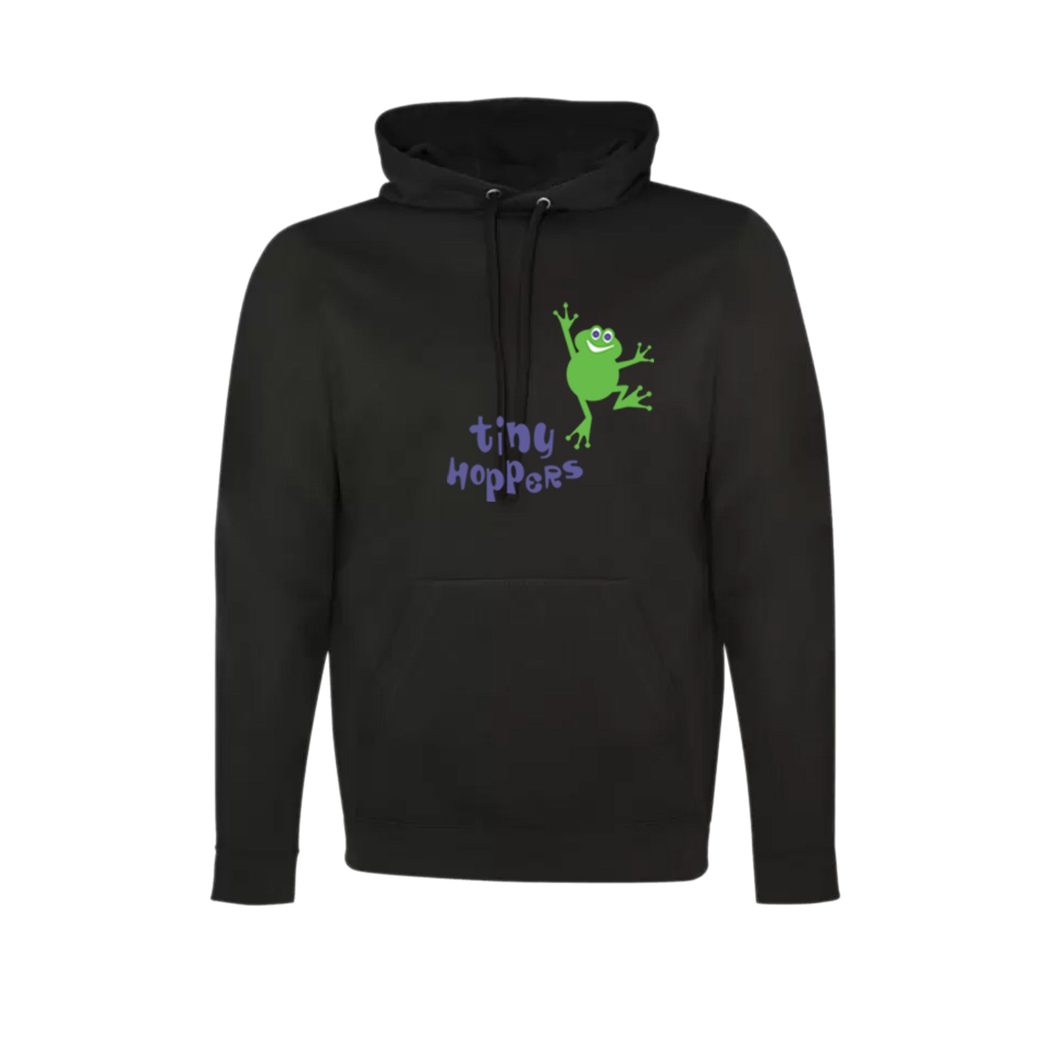 A black hooded sweatshirt with a green and purple character design on the front and 'TINY HOPPERS' text above it.