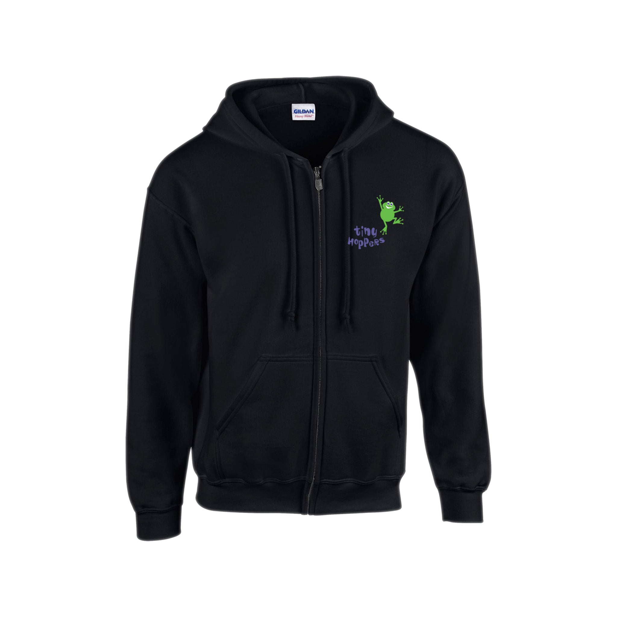 A full-zip hooded sweatshirt in black color with a front pouch pocket, hood with drawstring, and ribbed cuffs and waistband. It features a logo on the upper left sleeve.