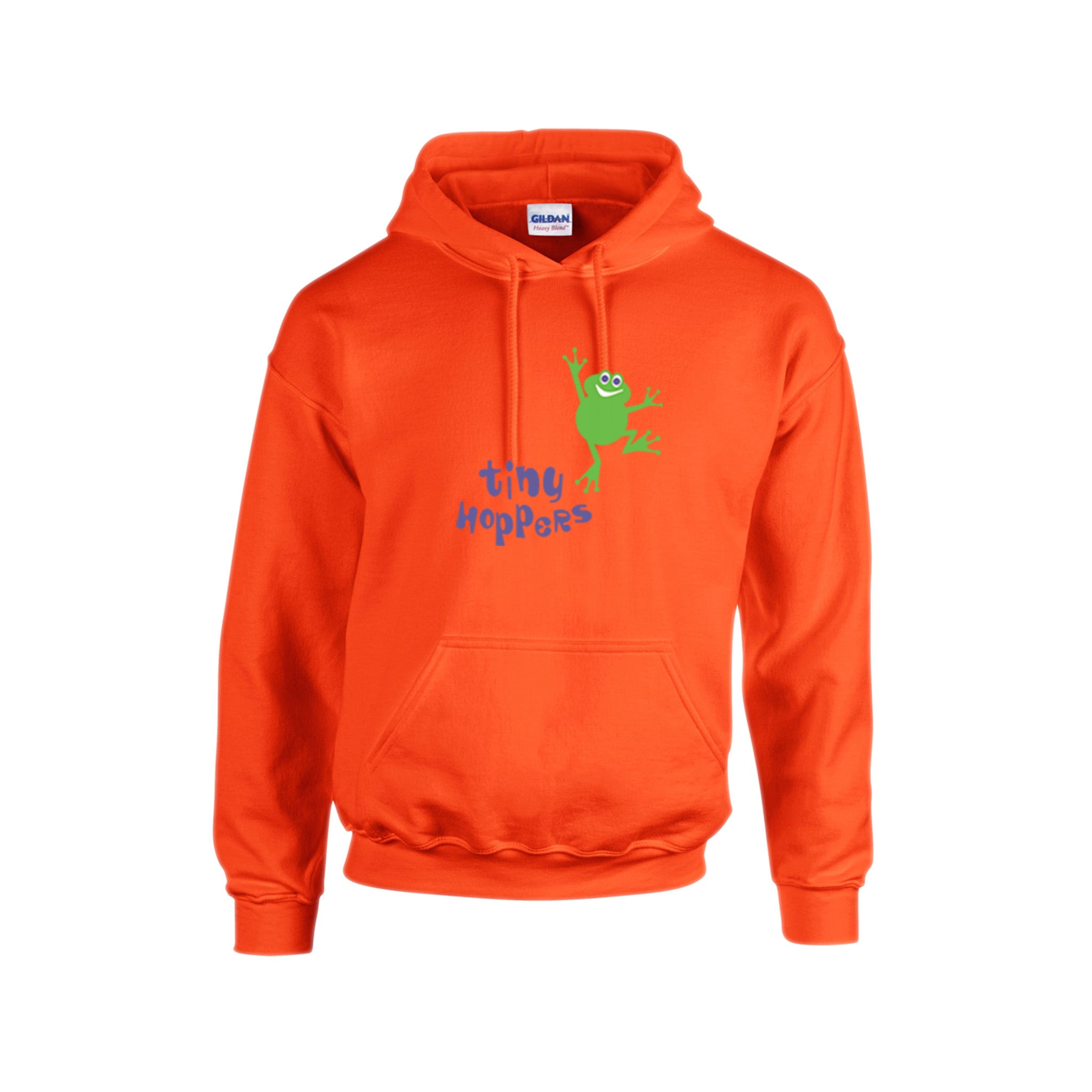 Orange hooded sweatshirt with a front pouch pocket and a graphic print of a hopper on the front.