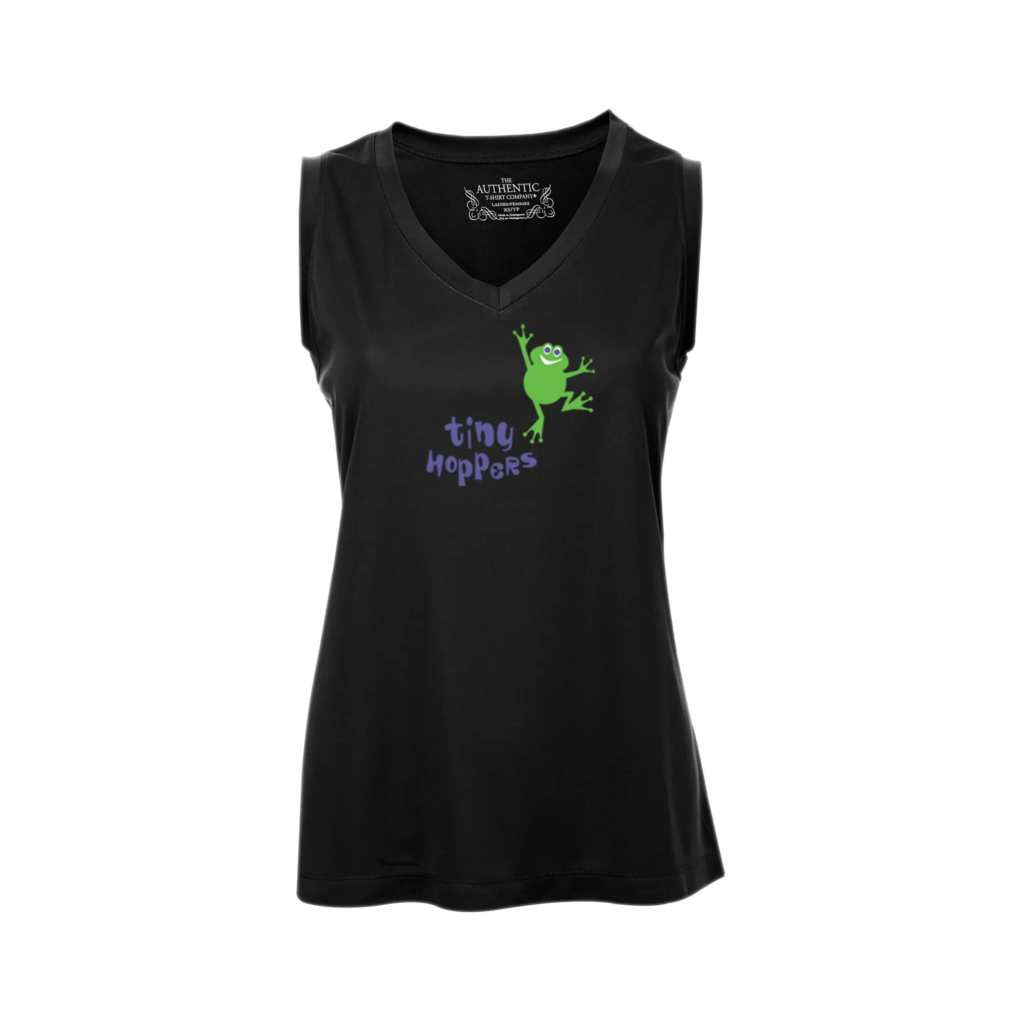 A sleeveless black v-neck tank top for ladies with a graphic print of a frog and the text 'tiny hoppers'.