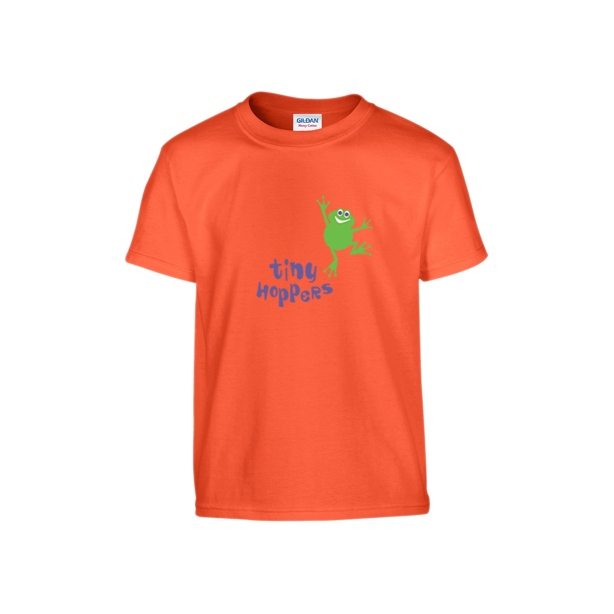 Youth orange T-shirt with graphic of a green frog and the text 'tiny hoppers' in purple.