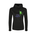 A black hooded sweatshirt with a green and purple character design on the front and 'TINY HOPPERS' text above it.