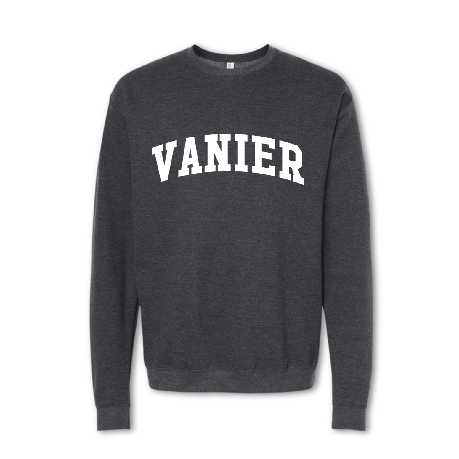 A gray crewneck sweatshirt with the text 'VANIER' printed in bold letters across the chest.