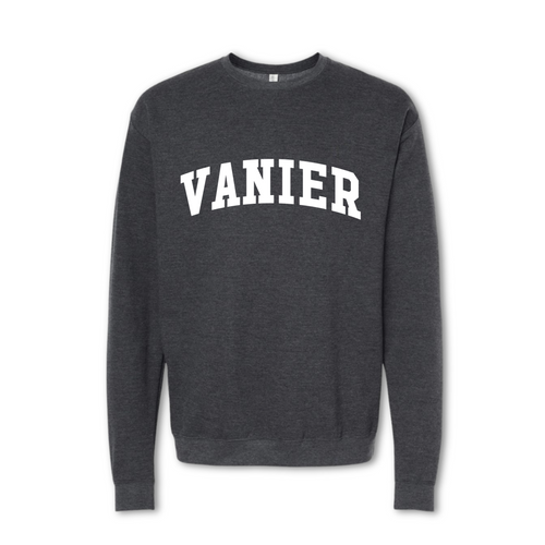 A gray crewneck sweatshirt with the text 'VANIER' printed in bold letters across the chest.
