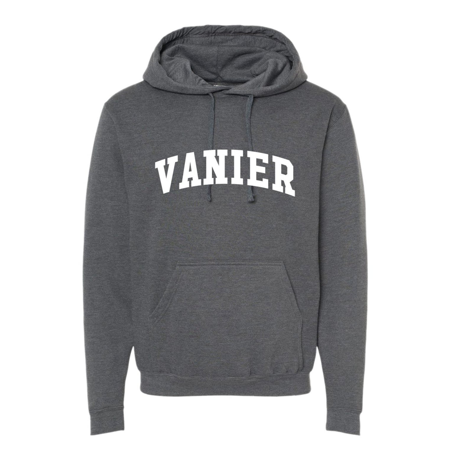 A gray hoodie sweatshirt with the text 'VANIER' printed in bold letters across the chest.