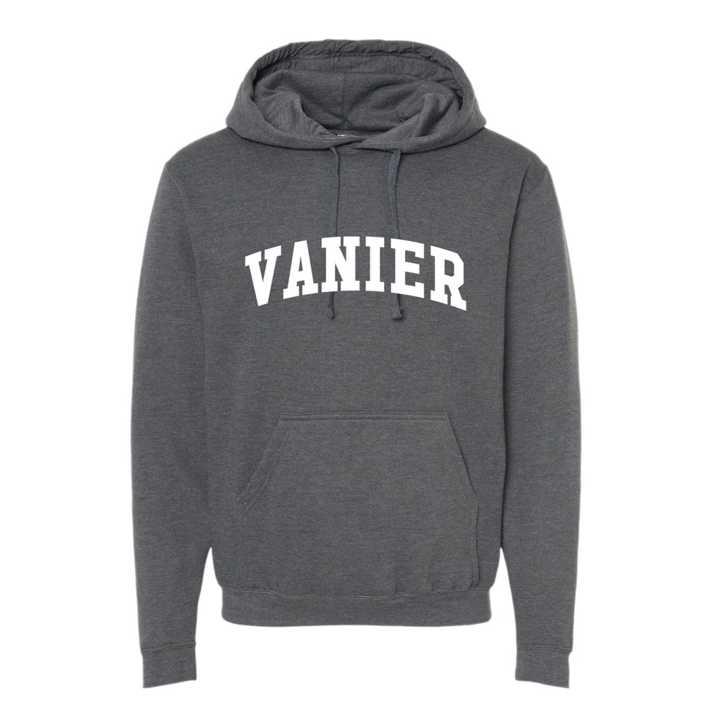 A gray hoodie sweatshirt with the text 'VANIER' printed in bold letters across the chest.