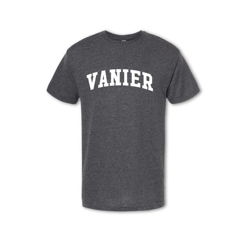 A gray t-shirt with the word 'VANIER' printed in white on the chest.