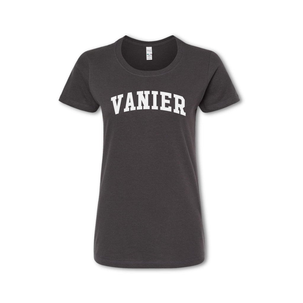 A gray t-shirt with the word 'VANIER' printed in white on the chest.
