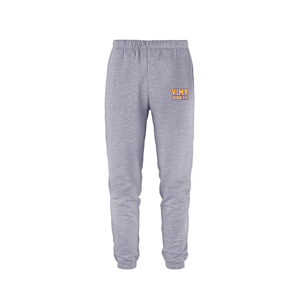 Gray sweatpants with a yellow logo on a white background