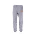Gray sweatpants with a yellow logo on a white background