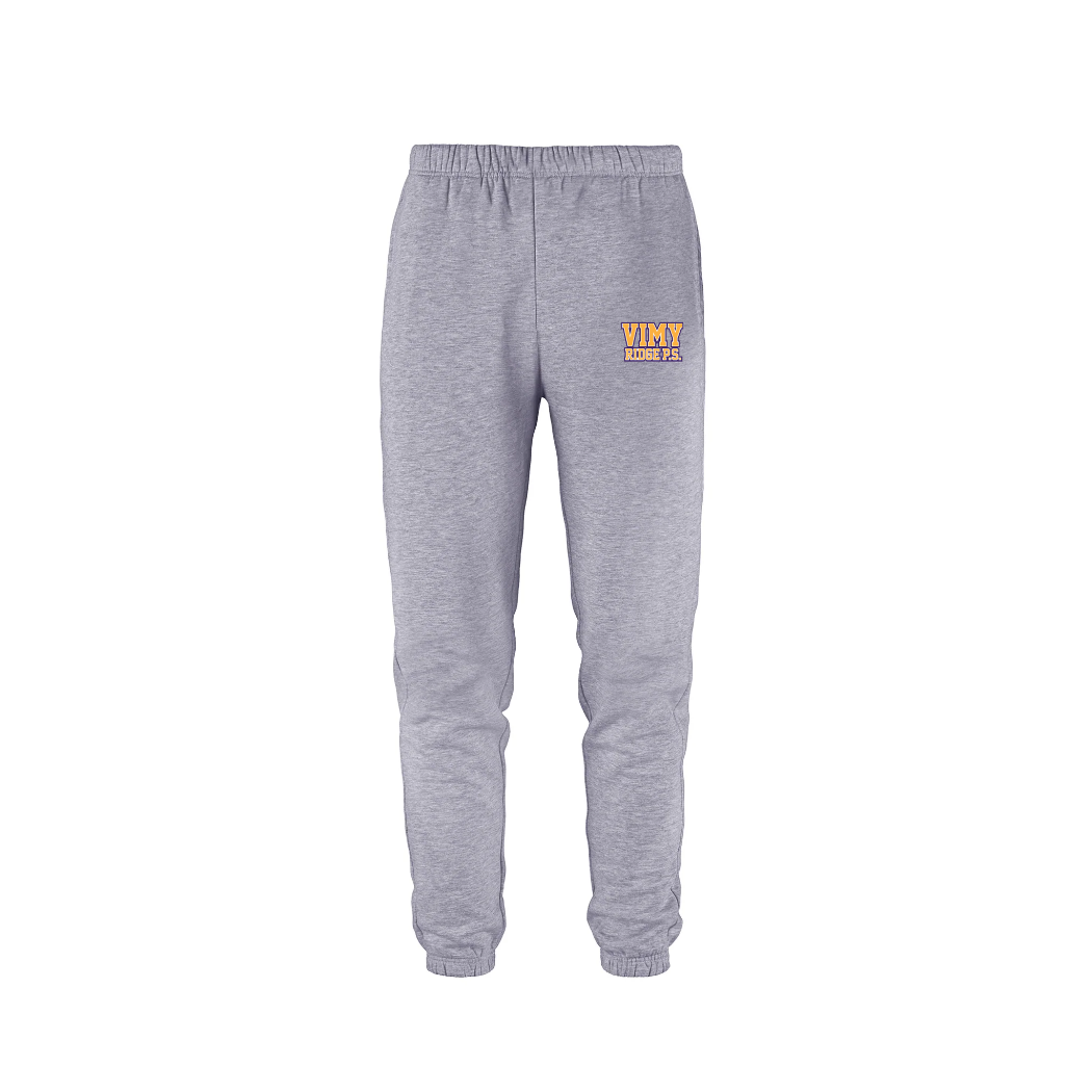 Gray sweatpants with a yellow logo on a white background