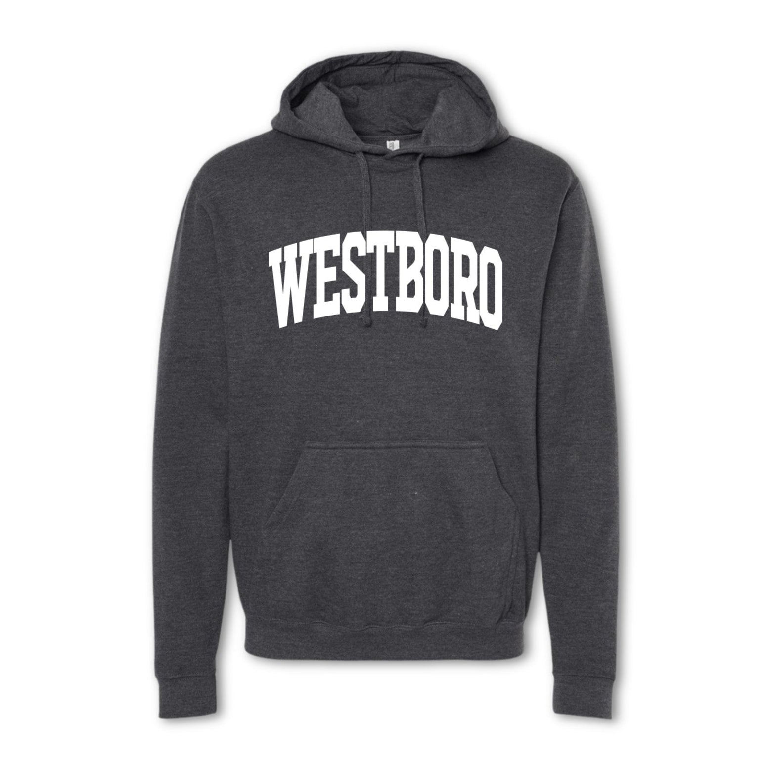 A gray crewneck sweatshirt with the text 'WESTBORO' printed in bold letters across the chest.