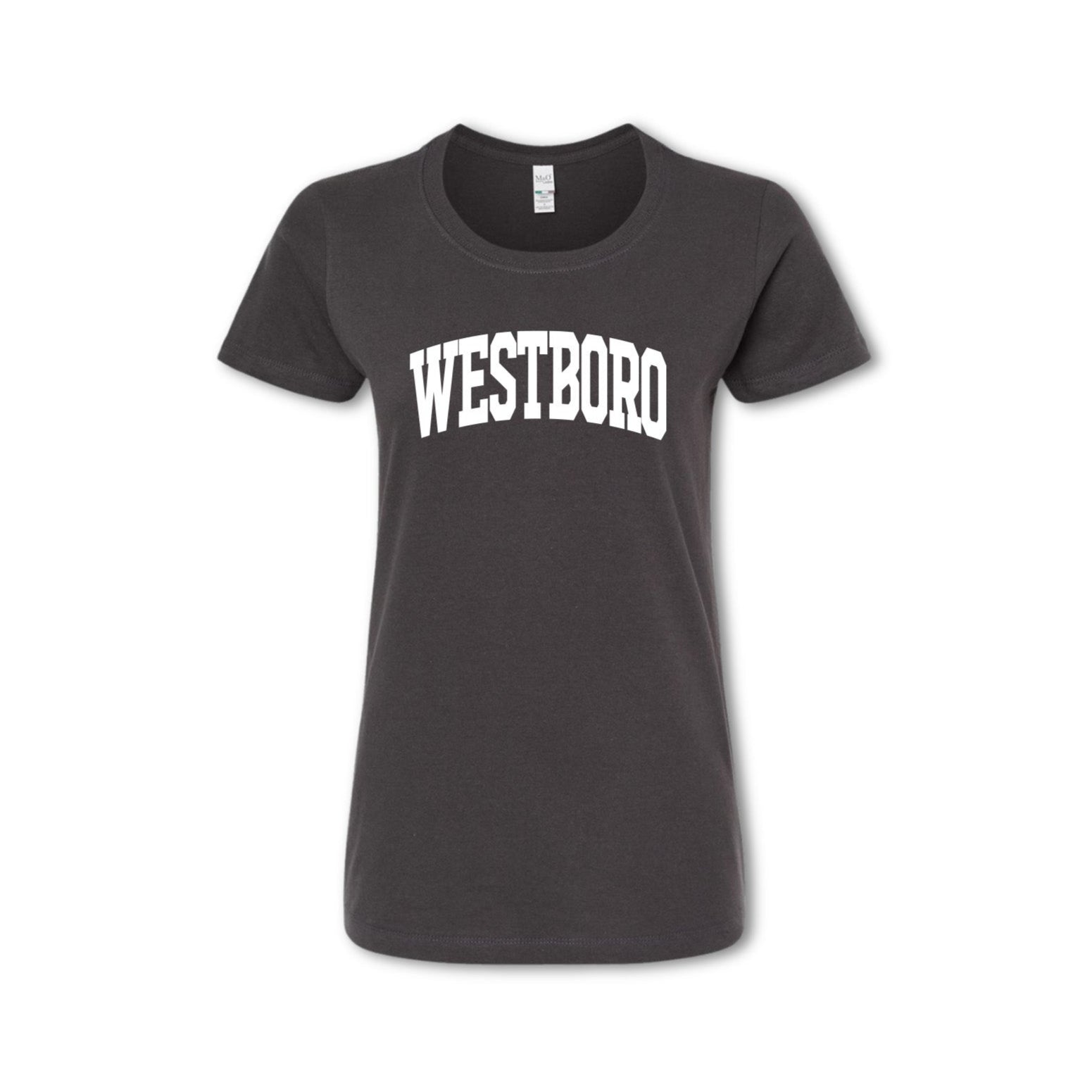 A gray t-shirt with the word 'WESTBORO' printed in white on the front.