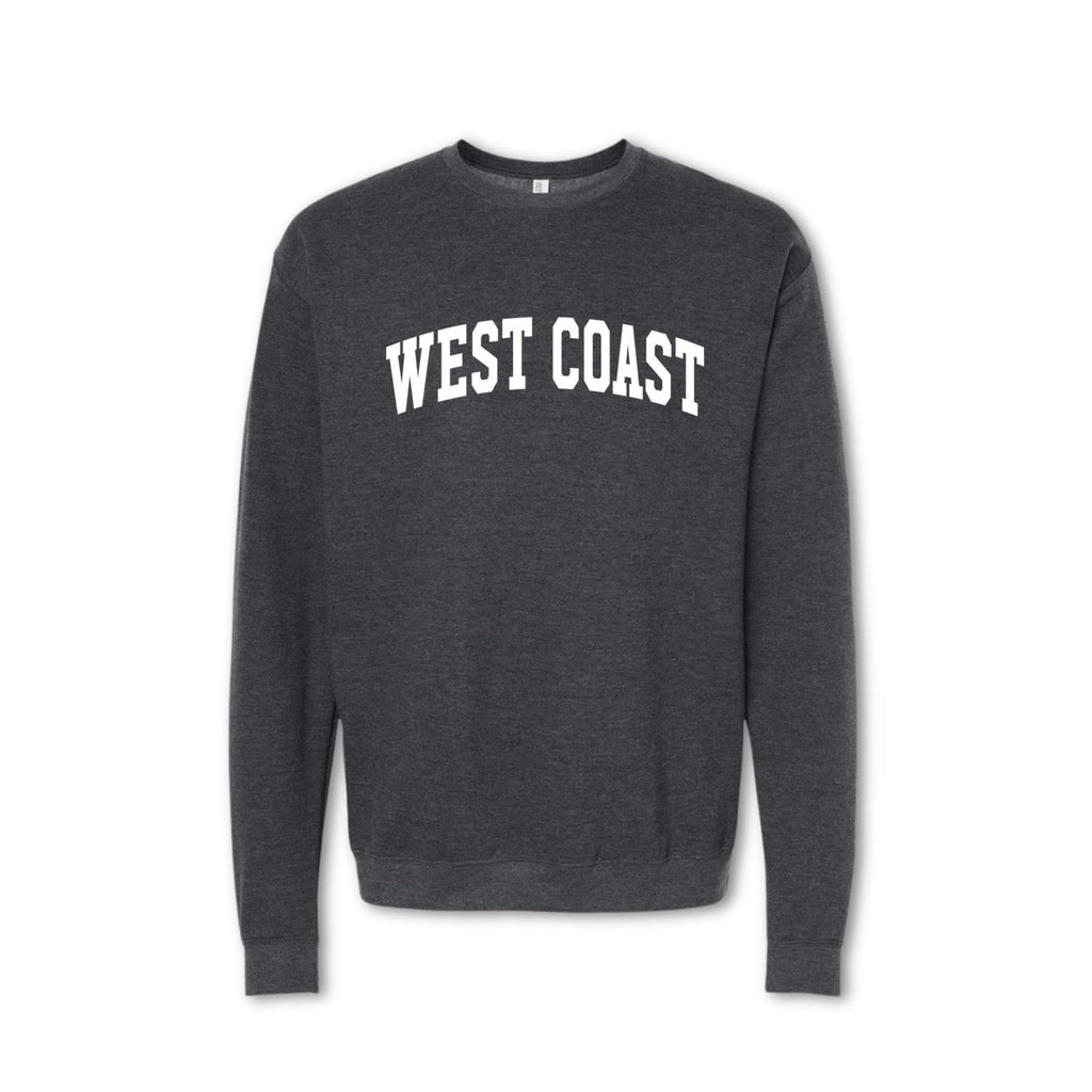 A gray crewneck sweatshirt with 'WEST COAST' printed in bold letters across the chest.