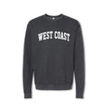 A gray crewneck sweatshirt with 'WEST COAST' printed in bold letters across the chest.