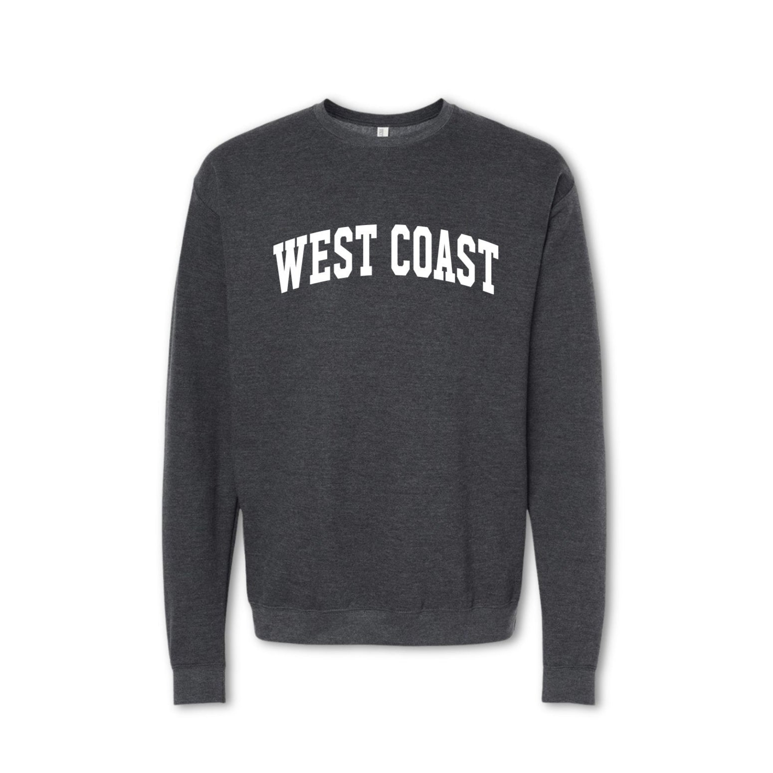 A gray crewneck sweatshirt with 'WEST COAST' printed in bold letters across the chest.