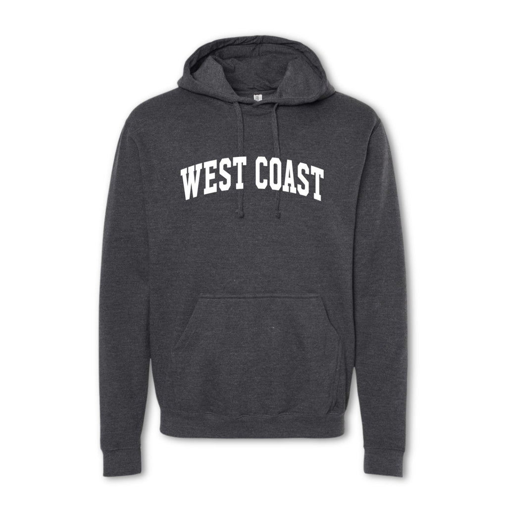 A gray crewneck sweatshirt with 'WEST COAST' printed in bold letters across the chest.