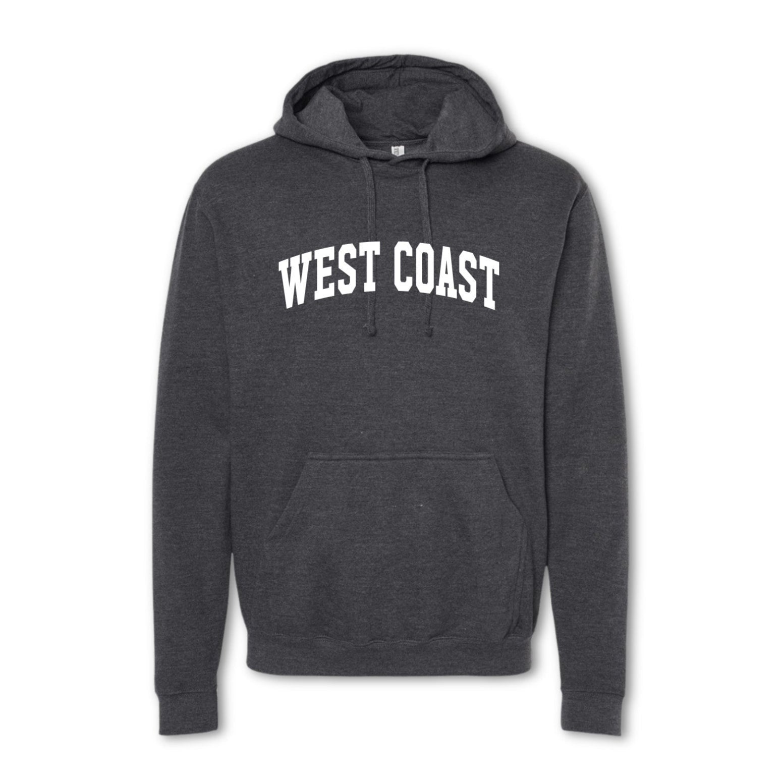 A gray crewneck sweatshirt with 'WEST COAST' printed in bold letters across the chest.