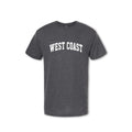 A grey t-shirt with 'WEST COAST' text in capital letters placed across the chest.