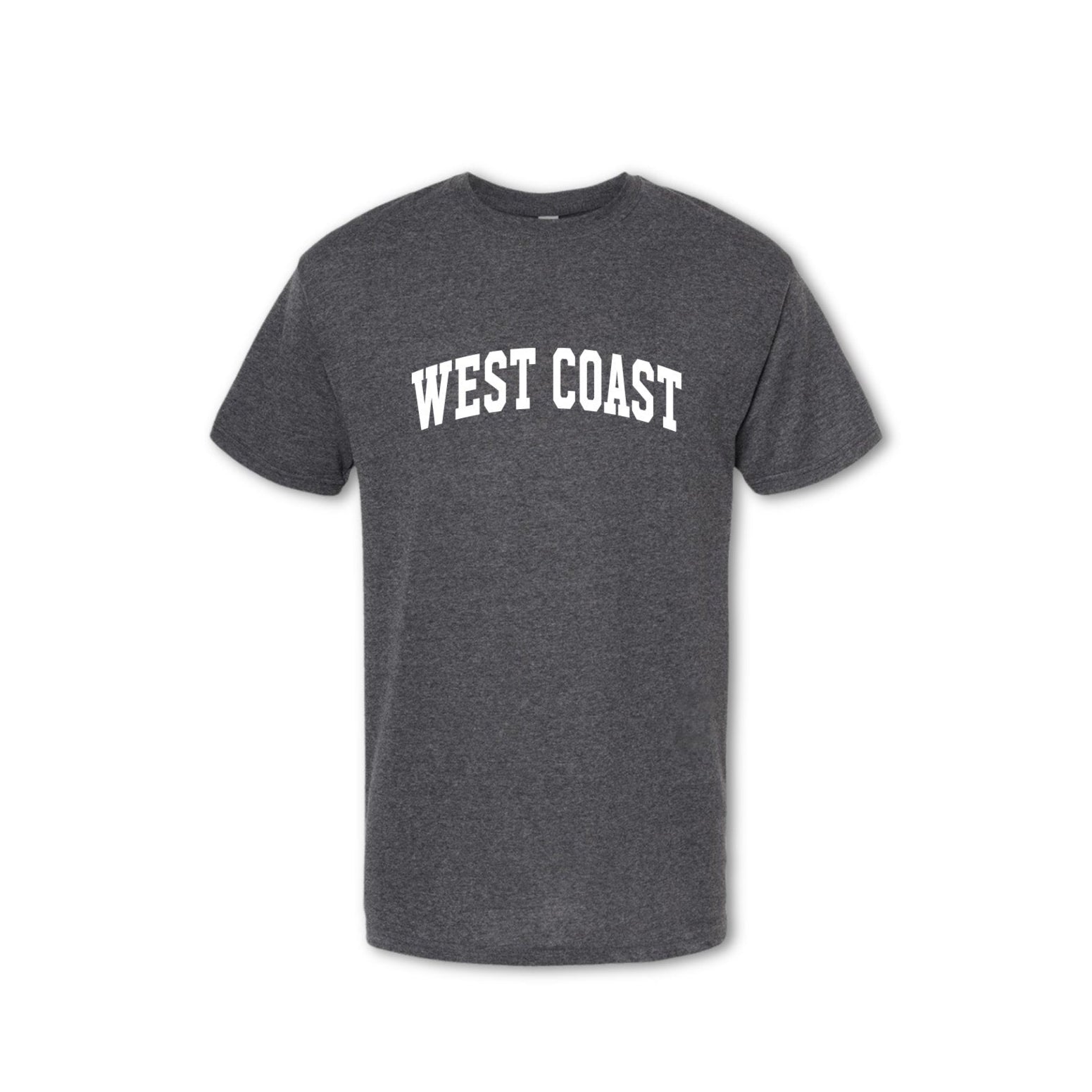 A grey t-shirt with 'WEST COAST' text in capital letters placed across the chest.